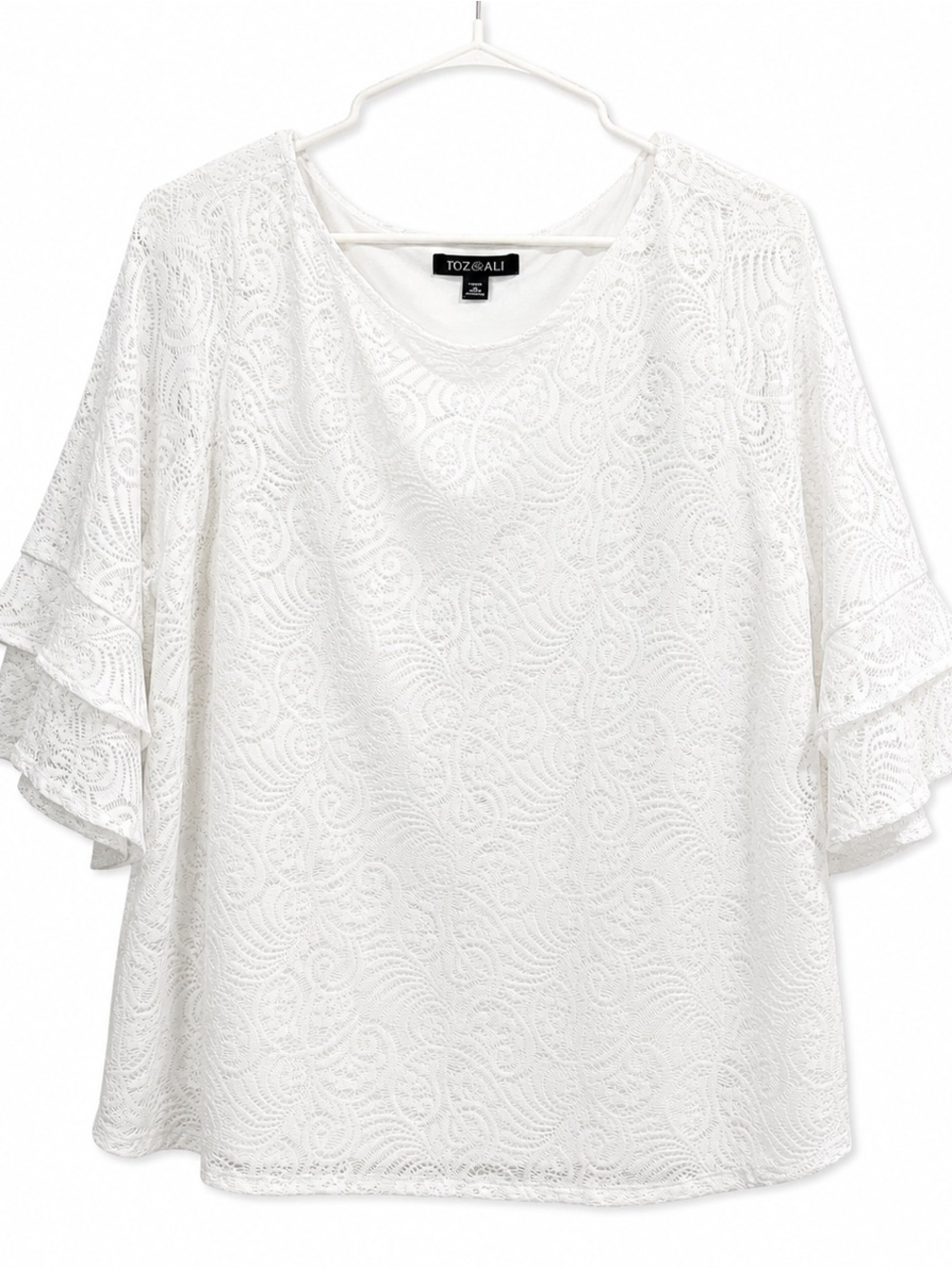 Roz & Ali White Lace Ruffle Sleeve Blouse